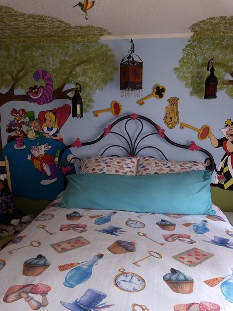 I recently painted this Alice in Wonderland mural. Alice In Wonderland Mural, Alice In Wonderland Bedroom Ideas, Alice In Wonderland Bedroom, Living Room Rug Placement, Alice In Wonderland Room, Rug Placement, Alice In Wonderland Tea Party Birthday, Coastal Boho, Baby Room Themes