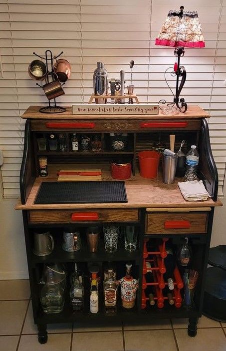 We took a vintage roll top desk and took it completely apart and turned it into a bar for our home. Repurposed Roll Top Desk Ideas, Turn Desk Into Bar, Desk To Coffee Bar Diy Projects, Roll Top Desk Bar, Repurpose Roll Top Desk Ideas, Roll Top Desk Coffee Bar, Roll Top Desk Decorating Ideas, Repurposed Roll Top Desk, Roll Top Desk Decor