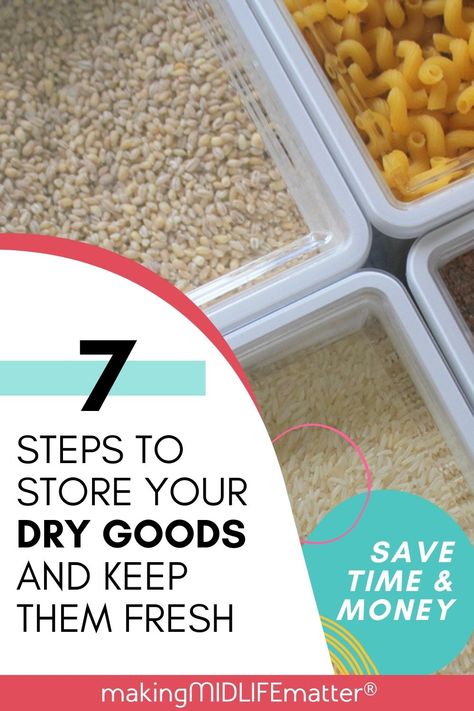 Stockpiling your dry, pantry goods are a great way to save money and time but only if you store your dry goods properly. Here are 7 tips to keep your dry goods fresh and ready whenever you need them. Dry Pantry, Dry Goods Storage, Storing Dry Goods, Preserving Foods, Emergency Binder, Dry Rice, Free Meal Plans, Bulk Food, Way To Save Money