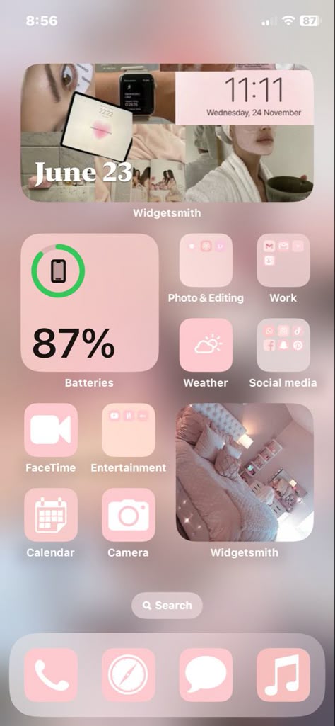 Pink Phone Decoration, Home Screen Layout Iphone Aesthetic Pink, Iphone Screen Aesthetic Ideas, Pink Ios 16 Ideas, Iphone Inspo Home Screen Pink, Organized Phone Screen Aesthetic, Pink Iphone Aesthetic Home Screen, Cute Themes For Phone App, Homescreen Wallpaper Pink Aesthetic