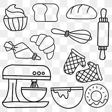 Bakery Doodle Art, Baking Drawing Easy, Bakery Drawing Easy, How To Draw Bread, Cute Kitchen Drawing, Cooking Drawing Easy, Baking Drawings, Bakery Doodles, Baking Doodles