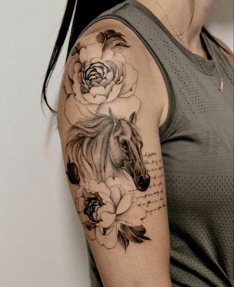 140 Horse tattoos: Design, Ideas and Styles | Art and Design Memorial Horse Tattoo, Horse Heart Tattoo, Flower Tattoo Ideas For Women, Small Horse Tattoo, Horse Flower, Tattoo Horse, Tattoos For Dad Memorial, Horse Tattoos, Horse Tattoo Design