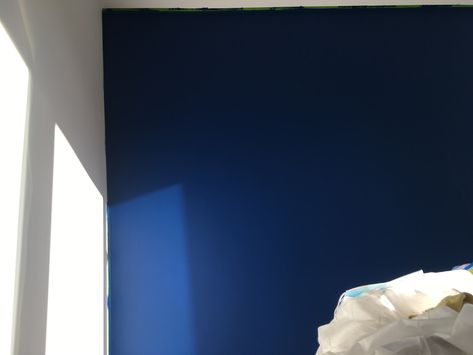 Valspar ‘Epic Adventure’ blue feature wall. Evening photograph. Frog tape still attached. Blue Feature Wall, Toilet Room Decor, Box Room, Toilet Room, Feature Wall, Kitchen Decor, Room Decor, Paint, Living Room