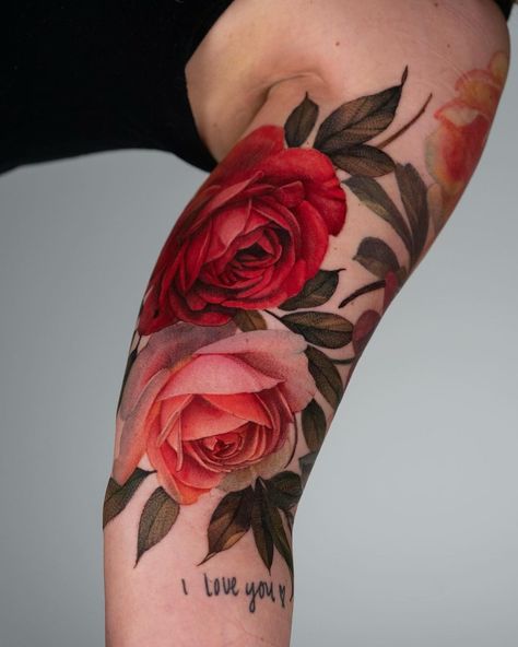 Pink And Purple Flower Tattoo, Persephone Bouquet, Realistic Peony Tattoo, Garden Rose Tattoo, Hyper Realism Tattoo, Colored Flower Tattoos, Realism Rose Tattoo, Butterfly And Rose Tattoo, Tapestry Tattoo