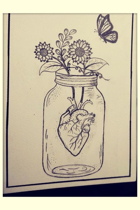 Pencil Drawing. Life In A Jar Drawing, World In A Jar Drawing, Eyes In A Jar Drawing, Mason Jar Drawing, Tumblr Thoughts, Jar Drawing, Art Improvement, Keep Going Keep Growing, Heart Drawings