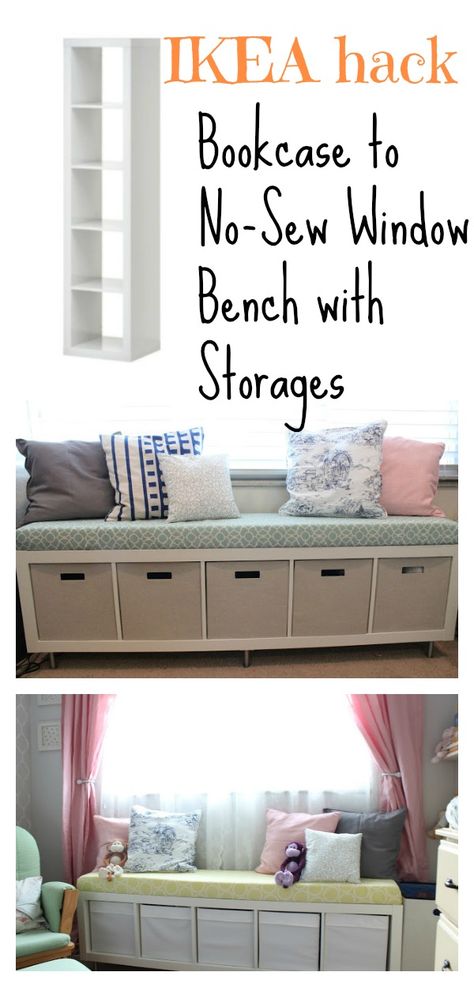 Bookcase to No-Sew Window Bench with Storages – IKEA hack Ikea Bookcase Bench Hack, Ikea Hack Bookcase, Ikea Window Seat, Bookcase Bench, Ikea Hack Storage, Kitchen Storage Bench, Diy Window Seat, Ikea Toy Storage, Diy Bank