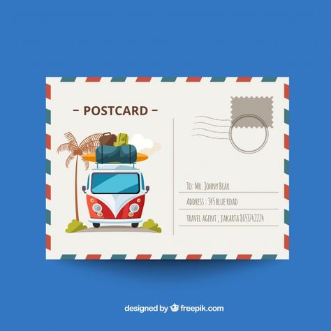 Travel postcard in flat design | Premium Vector #Freepik #vector #card #travel #design #template Travel Card Design, Postcard Illustration Design, Back Of Postcard, Travel Postcard Design, Post Card Design, Postcard Design Front And Back, Postcard Design Inspiration, Postcards Inspiration, Polaroid Picture Frame