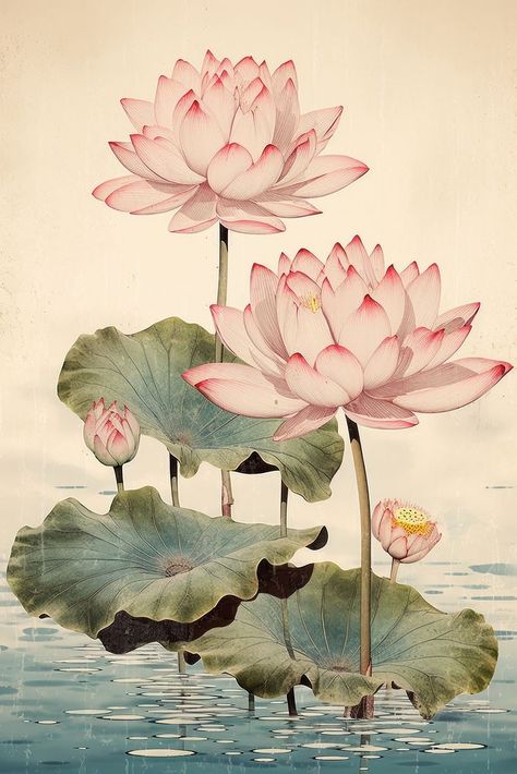 Water Lilies Flowers, Lotus Flower Botanical Illustration, Asian Painting Ideas, Japanese Flower Illustration, Lotus Illustration Art, Japanese Aesthetic Painting, Lotus Chinese Painting, Chinese Design Poster, Lotus Illustration Design