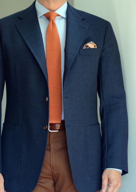 Speak Softly, Hardy Amies, Tie Fashion, Orange Knit, Gents Fashion, Outfits Hombre, Orange Tie, Fashion Suits For Men, Navy Jacket