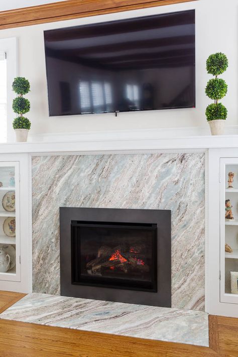 Granite Fireplace Hearth, Quartzite Fireplace, Granite Fireplace Surround, Fantasy Brown Quartzite, Fantasy Brown Granite, Boston Living Room, Granite Hearth, Granite Fireplace, Basement Fireplace