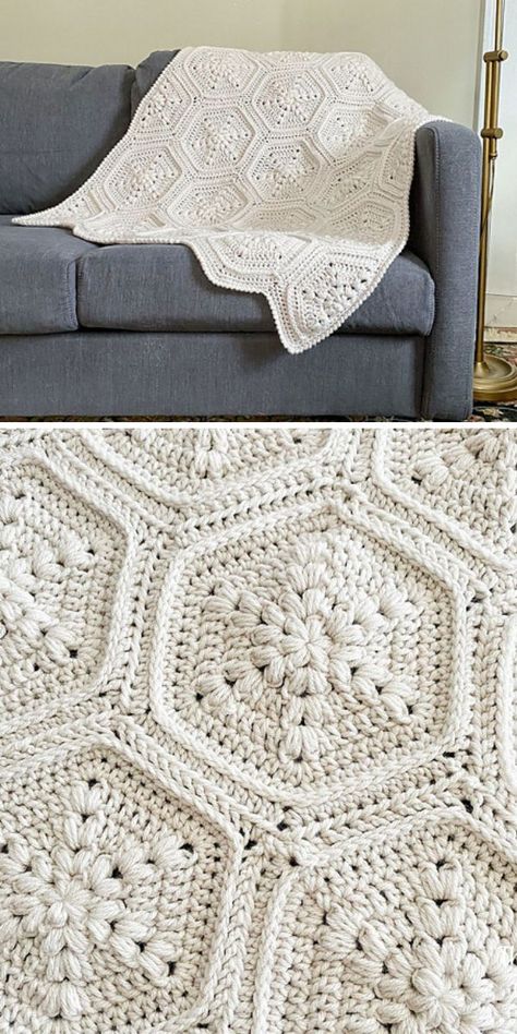 Crochet Hexagon Blanket, Hexagon Crochet Pattern, Modern Haken, Crochet Quilt Pattern, Easy Crochet Flower, Hexagon Crochet, Cozy Pattern, Granny Square Crochet Patterns Free, Crocheting Ideas