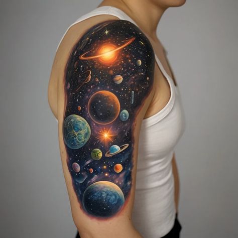 Explore the magic of the cosmos with this Galaxy Tattoos collection! From swirling nebulae and starry skies to vibrant planets and constellations, these designs capture the beauty of the universe. Perfect for dreamers, stargazers, and those drawn to the mysteries beyond. Whether you prefer bold, colorful ink or subtle, minimalist styles, these celestial tattoos will inspire your next piece. Let your skin tell a story as vast as the stars! ✨🚀 Galaxy Tattoos, Celestial Tattoos, Cosmic Tattoo, Celestial Tattoo, Galaxy Tattoo, Starry Sky, The Meaning, The Universe, Constellations