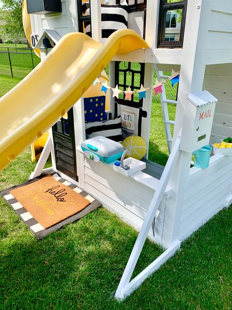 Diy Backyard Playset, Playset Accessories Outdoor, Backyard Playset Ideas, Playset Renovation, Playset Remodel, Outdoor Playset Ideas, Playhouse Under Swingset, Renovated Playset, Playset Makeover Ideas