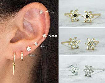 Tiny & Dainty Flower Shaped 4 CZ Stud Earrings | Etsy Earring Ideas For 4 Holes, Second Hole Piercing Ideas, Cartlidge Earrings, Top Ear Piercing, Stacking Earrings, Second Hole Earrings, Ear Piercing Studs, Earrings Stacking, Cool Ear Piercings