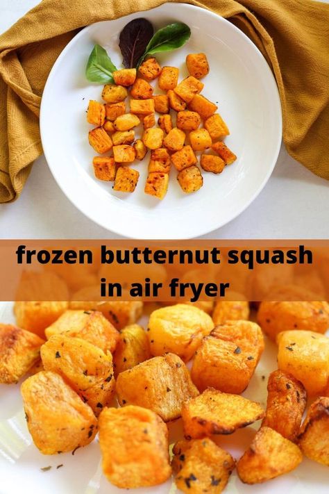 Pinterest image with two pictures. One is roasted butternut squash is served on a plate and the other one is a close-up of cubes roasted yellow veggies. There is a title in the middle of the pin. Butternut Squash Hashbrowns, Air Fryer Butternut Squash, Butternut Squash Cooking, Hanukkah Recipes, Easy Healthy Side Dishes, Frozen Butternut Squash, Butternut Squash Cubes, Hashbrown Casserole, Savory Foods