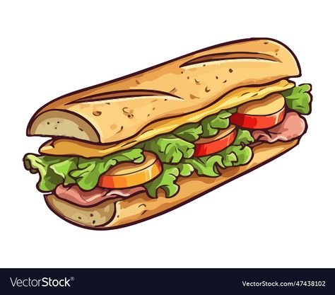 Sandwich Cartoon, Sandwich Vector, Sandwich Illustration, Vector Food Illustration, Sandwich Drawing, Burger Icon, Po Boy Sandwich, Cute Cartoon Food, Big Sandwich