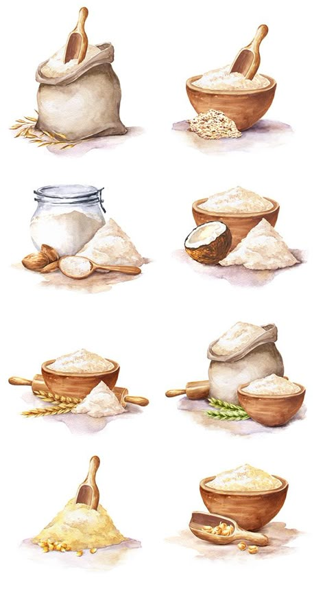 Flour Drawing, Flour Illustration, Watercolor Art Food, Baking Illustration, Illustration Art Watercolor, Watercolour Food, Watercolor Food Illustration, Food Watercolor, Recipe Drawing