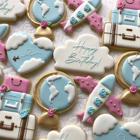 Travel Cookies Ideas, Bon Voyage Cookies, Marti 8, Travel Cookies, Retirement Cookies, Travel Cakes, What Is Your Dream, Happy Birthday Cookie, Travel Baby Shower Theme