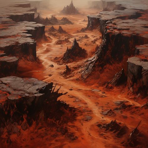 A top - down view of a desolate wasteland of red sand and sharp black jagged rocks Fantasy Wasteland Landscapes, Fantasy Wasteland Art, Desert Wasteland Art, Wasteland Fantasy Art, Wasteland Art Landscapes, Western Environment Concept Art, Desert Top View, Red Sand Desert, Dnd Wasteland