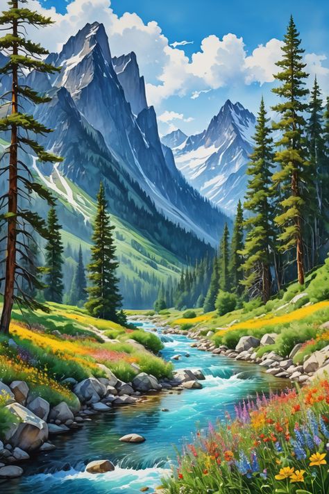 Nature Poster Drawing, Forest Scenery Drawing, Mountain Scenery Painting, Fantasy Mountain Landscape, Mountain River Painting, Rocky Mountains Painting, Magical Mountains Landscapes, Animal Paintings Acrylic, Jesus Drawings