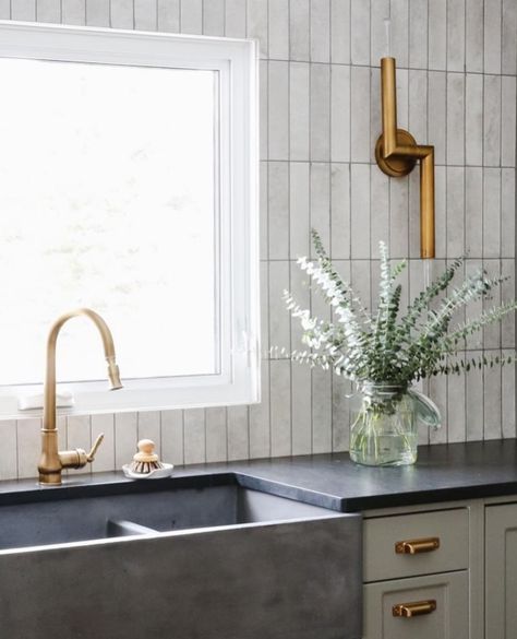 Tile Backsplash Kitchen Whole Wall, Kitchen Backsplash Not Subway Tile, Tile Bar Kitchen Backsplash, Rustic Subway Tile Backsplash Textured, Grey Vertical Tile Backsplash, Kitchen Full Tile Wall, Vertical Tile Splashback Kitchen, Backsplash Shower Ideas, White Vertical Backsplash Kitchen