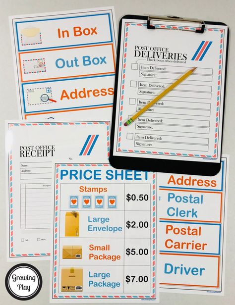 Post Office Activities, Play Post Office, Pretend Play Post Office, Post Office Play, Community Helpers Preschool Crafts, Office Printables, Kindergarten Classroom Management, Community Helpers Theme, Community Helpers Preschool