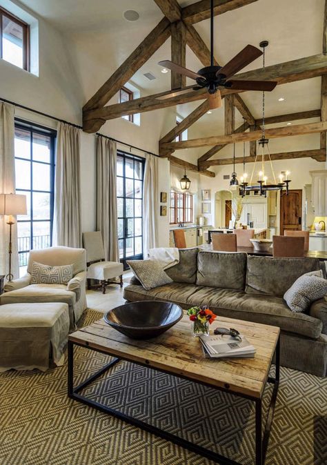 This Mediterranean style home was designed by Design Visions of Austin along with builders Silverton Custom Homes, located on the shores of Lake Travis, near Austin, Texas. Cozy Farmhouse Living Room, Contemporary Living Room Design, Wooden Ceiling, Living Room Decor Rustic, Bedroom Walls, Salou, Southern Home, Luxury House Designs, Rustic Living