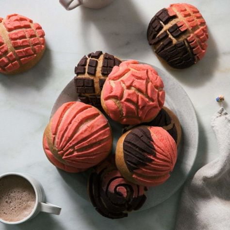 Conchas (Mexican Pan Dulce) - A Cozy Kitchen Conchas Recipe Conchas Recipe, Powdered Food Coloring, Mexican Sweet Breads, Mexican Bread, Mexican Breakfast, Sweet Dough, Porto Rico, Streusel Topping, Chocolate Cinnamon