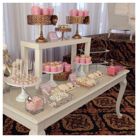 Blush gold and white -️sweet bar -bridal shower - White Candy Table, Red Baby Shower, Half Birthday Party, Princess Birthday Party Decorations, Baby Shower Deco, Diy Table Decor, Princess Tea Party, Sweet Bar, Elegant Bridal Shower