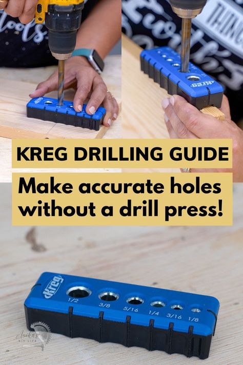 Learn all about the new KREG DRILLING GUIDE, to make accurate holes without a drillpress, along with 7 other new Kreg woodworking tools to help you work easier in your workshop! #anikasdiylife Joinery Tools, Kreg Tools, Drill Guide, Woodworking Joinery, Drill Press, Beginner Woodworking Projects, Deck Furniture, Wood Working For Beginners, Diy Life