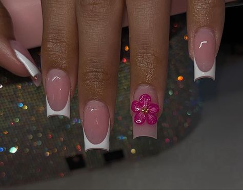 Black French Flower Nails, Nails With Fake Flowers, 3d Flower Nails Long Square, French Nail Designs Flower, White Nail Designs With Flowers, French With 3d Flower Nails, Short Flower Acrylic Nails, French Tip Nails With 3d Flower, Nail Inspo 3d Flower