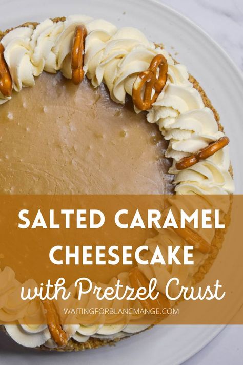 Salted caramel cheesecake topped with salted caramel whipped cream and pretzels. Pretzel Bottom Cheesecake, Salted Caramel Pretzel Cheesecake, Pretzel Crust Cheesecake, Cheesecake With Pretzel Crust, No Bake Salted Caramel Cheesecake, Salted Caramel Dessert, Carmel Cheesecake, Pretzel Cake, No Bake Caramel Cheesecake