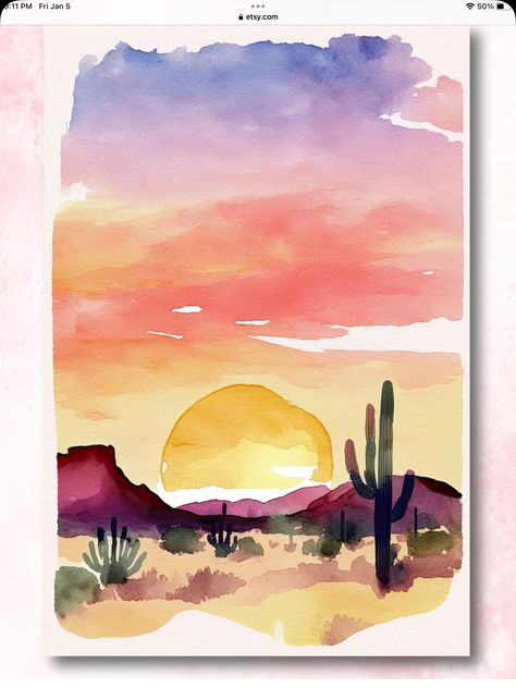 Watercolor Pencil Art Mountains, Easy Desert Watercolor, Watercolor Italy Landscapes, Watercolor Paint Night Ideas, Watercolor Desert Sunset, September Watercolor Paintings, Watercolor Painting For Boyfriend, Landscape Ideas Painting Watercolor, Painting Landscape Watercolor