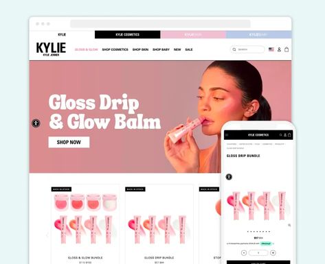 Kylie Cosmetics Shopify beauty eCommerce store, illustration for 30 Best Beauty Shopify Stores blog article Kyle Cosmetics, Kylie Gloss, Store Illustration, Beauty Ecommerce, Glow Balm, Skincare Store, Beauty Marketing, Beauty Supply Store, Makeup Store