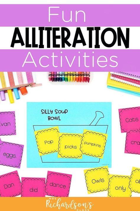 Teaching Alliteration, Alliteration Anchor Chart, Alliteration Activities, Improve Reading Skills, Kindergarten Anchor Charts, Phonological Awareness Activities, Sentence Activities, Book Cover Page, Rhyming Activities