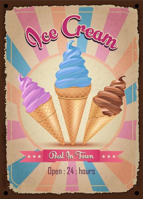 Ice cream vintage restaurant sign. Fast food vintage poster. Retro design with big hamburger on old metal background red and turquoise colors. Wall decoration printing media. Vector EPS10. Vintage Ice Cream Ad, Ice Cream Design Poster, Food Vintage Poster, Big Hamburger, Ice Cream Vintage, Ice Cream Poster, Restaurant Sign, Food Vintage, Vector Texture