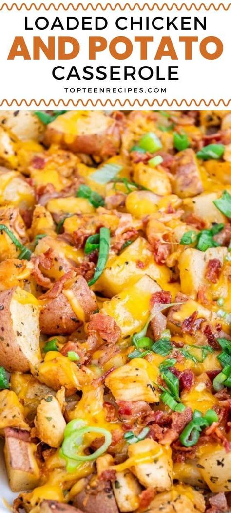 Loaded Chicken and Potato Casserole Recipe Twice Baked Chicken Potatoes, Cubed Chicken Breast Recipes, Loaded Chicken And Potato Casserole, Chicken And Potato Casserole, Chile Relleno Casserole Recipe, Chicken Breast Casserole Recipes, Loaded Chicken And Potatoes, Chicken Potato Casserole, Juicy Chicken Breast