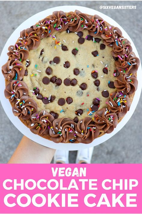 This cookie cake is soft, chewy, and perfectly vegan! It's better than Mrs. Fields. #vegan #vegandessert #vegandessertrecipe #vegancookies #sixvegansisters Vegan Cookie Cake, Cookie Cake Recipes, Six Vegan Sisters, Sun Butter, Rice Coconut, Mrs Fields, Recipe For Christmas, Allergy Recipes, Chocolate Cake Recipe Easy