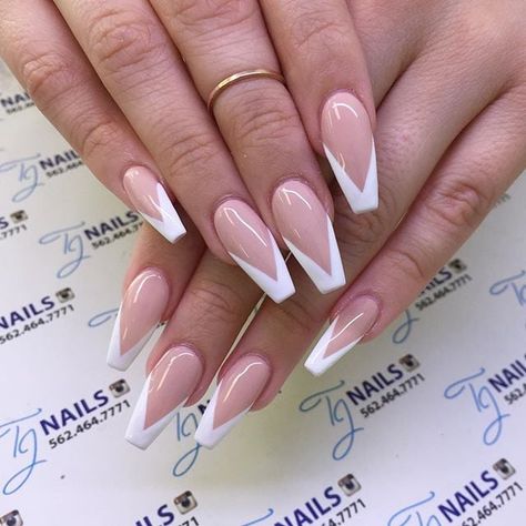 Slide 101 of 106 White French Nail Designs Coffin, Nail Designs Triangle French Tip, Nails With White Tips Coffin, French Tips Pointy, White Tip Coffin Acrylic Nails, Coffin French Tip Nails With Design, White French Tip Nails Coffin, V French Manicure, V Cut French Tip Nails