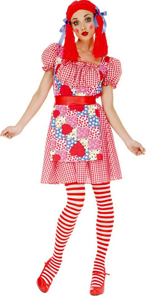 Rag Doll Costume.                                                                                                                                                                                 More Rag Doll Makeup, Rag Doll Halloween Costume, Raggedy Ann Costume, Rag Doll Costume, Cute Clown Makeup, Purim Costumes, School Costume, Blue Hair Bows, Fancy Dress Ideas