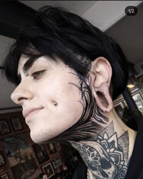 Vine Throat Tattoo, Black And Grey Throat Tattoo, Neck And Jaw Tattoo, Black And Grey Neck Tattoo, Blackwork Throat Tattoo, Black Throat Tattoo, Neck Tattoo Filler Ideas, Goth Face Tattoo, Japanese Throat Tattoo