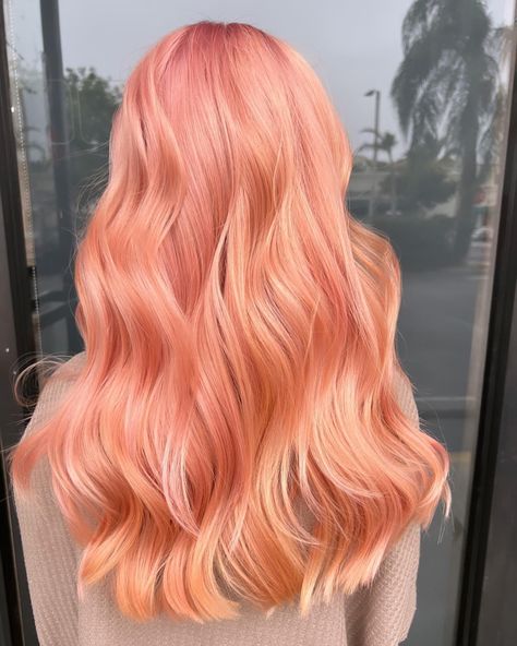 Peach Colour Hair, Peach And Pink Hair, Pink Strawberry Blonde Hair, Peach Colored Hair, Peachy Hair Color, Coral Hair Color, Peachy Pink Hair, Pink Peach Hair, Orange Ombre Hair