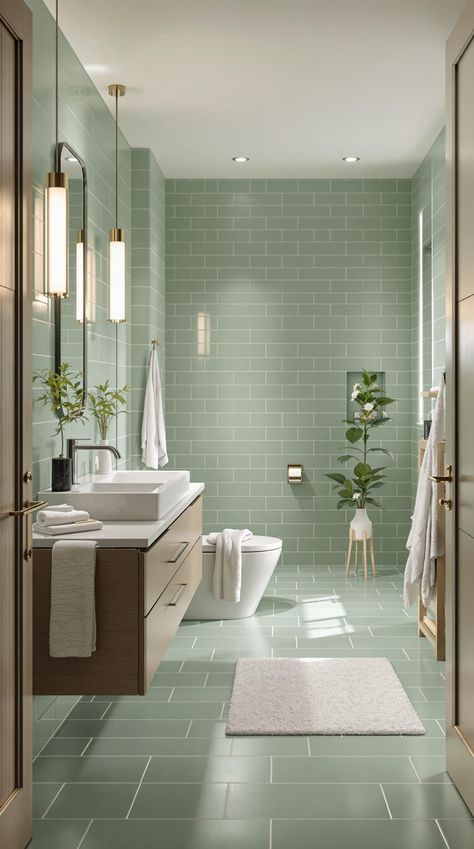 Green Bathroom Decor Green Wet Room Bathroom, Cool Tone Bathroom Ideas, Ming Green Bathroom, Bathroom Green Floor, Realistic Bathroom Ideas, Pastel Green Bathroom, Soft Green Bathroom, Light Green Bathroom Ideas, Pale Green Bathroom