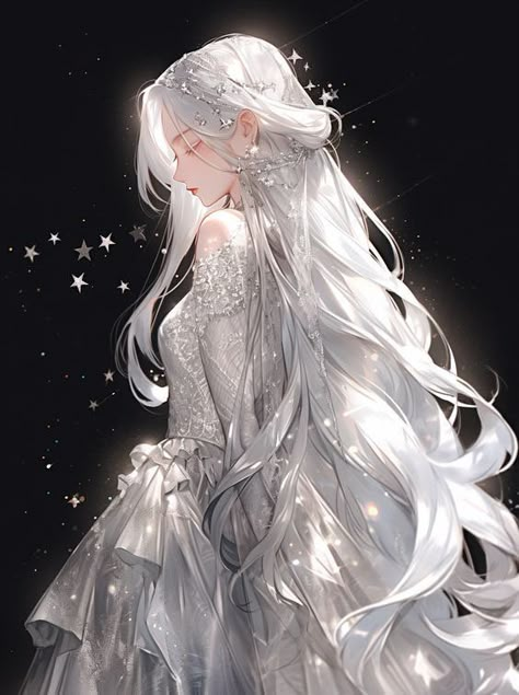 Royal Anime Woman, White Hair Anime Female, White Hair Anime Woman, White Haired Anime Female, Solo Pfps, Long White Hair, Anime Show, Star Goddess, Queen Anime