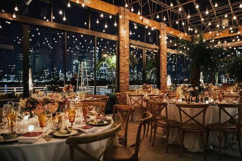 Hudson River Wedding, City Skyline Wedding, City View Wedding, Skyline Wedding, Blown Glass Lighting, Nyc Wedding Venues, River Wedding, Exposed Rafters, Liberty House