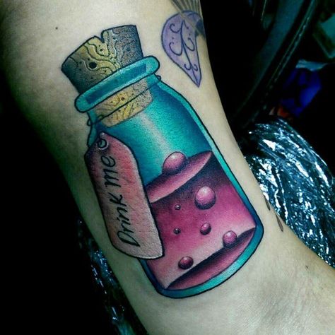 Drink Me Tattoo, Downtown Tattoo, Poison Tattoo, Vintage Clock Tattoos, Alice In Wonderland Drink Me, Drink Me Bottle, Alice And Wonderland Tattoos, Me Tattoo, Bottle Tattoo