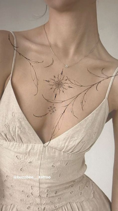 Chest Tattoo Female Dainty, Fine Line Chest Tattoo Female, Symmetrical Tattoo, Torso Tattoos, Gangsta Tattoos, Hand And Finger Tattoos, Special Tattoos, Cool Chest Tattoos, Chest Tattoos For Women