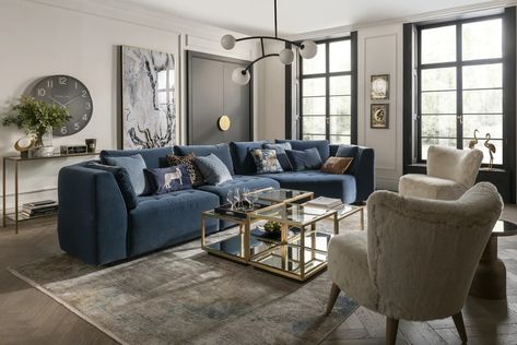 Blue Corner Sofa, Navy Sofa Living Room, Blue Velvet Sofa Living Room, Blue Corner Sofas, Dark Blue Sofa, Large Living Room Layout, Living Room Colour Schemes, Blue Sofas Living Room, Velvet Sofa Living Room