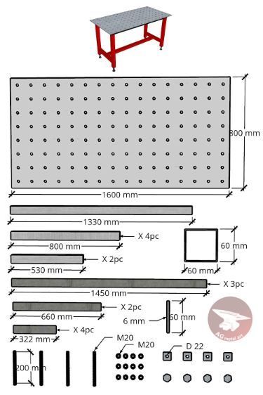 DIY welding table parts and dimensions. You can see more by clicking on the link #tools #ironworks #Blacksmith #DIY #AGmetalart Weld Table Ideas, Welding Shop Organization, Diy Welding Table, Weld Idea, Welding Bench, Garden Box Plans, Welding Workshop, Metalworking Tools, Welding Table Diy