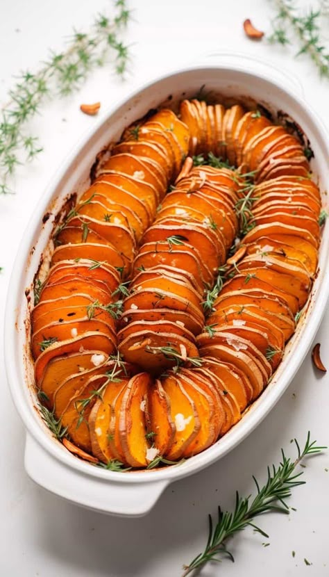 Overhead shot of Roasted Rosemary Sweet Potatoes in a rustic baking dish, showcasing the vibrant orange hue of the potatoes contrasted with the green rosemary sprigs. Rosemary Sweet Potatoes, Thanksgiving Sweet Potato Recipes, Savory Sweet Potato Recipes, Roasted Yams, Sweet Potato Bites, Sweet Potato Side Dish, Sweet Potato Recipes Roasted, Sweet Potato Sides, Sweet Potato Thanksgiving